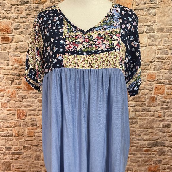 NWT E.Luna Blue Floral Patchwork Babydoll Top - Picture 2 of 9